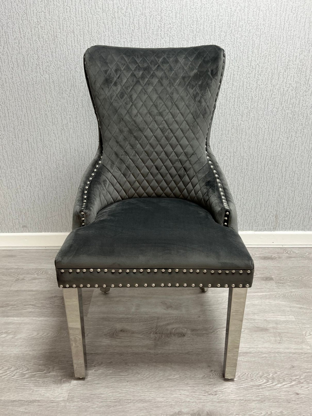 Victoria Dark Grey Ring Knocker Velvet Chair - Belmont Interiors