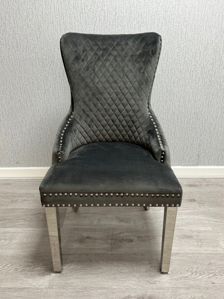 Victoria Dark Grey Ring Knocker Velvet Chair - Belmont Interiors