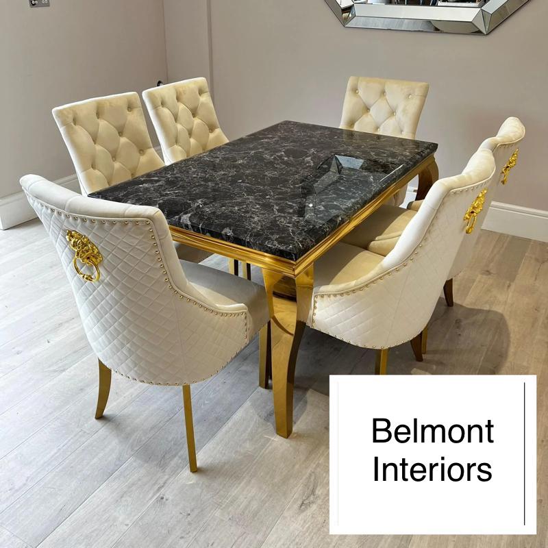 Louis Gold & Black Marble Dining Table With Cream & Gold Lion Knocker Dining Chairs-Dining Table & Chairs Set-Cuthwells-Belmont Interiors