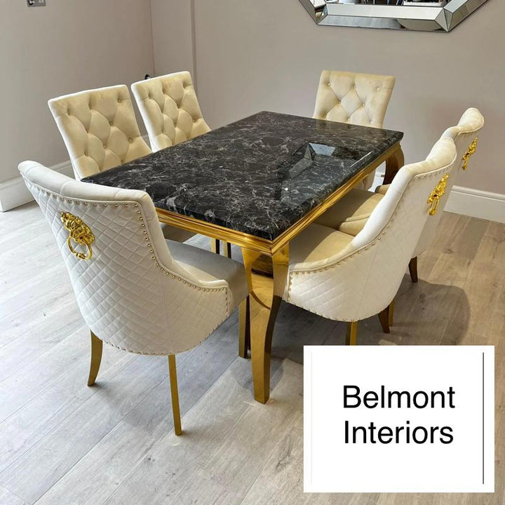 Louis Gold & Black Marble Dining Table With Cream & Gold Lion Knocker Dining Chairs-Dining Table & Chairs Set-Cuthwells-Belmont Interiors