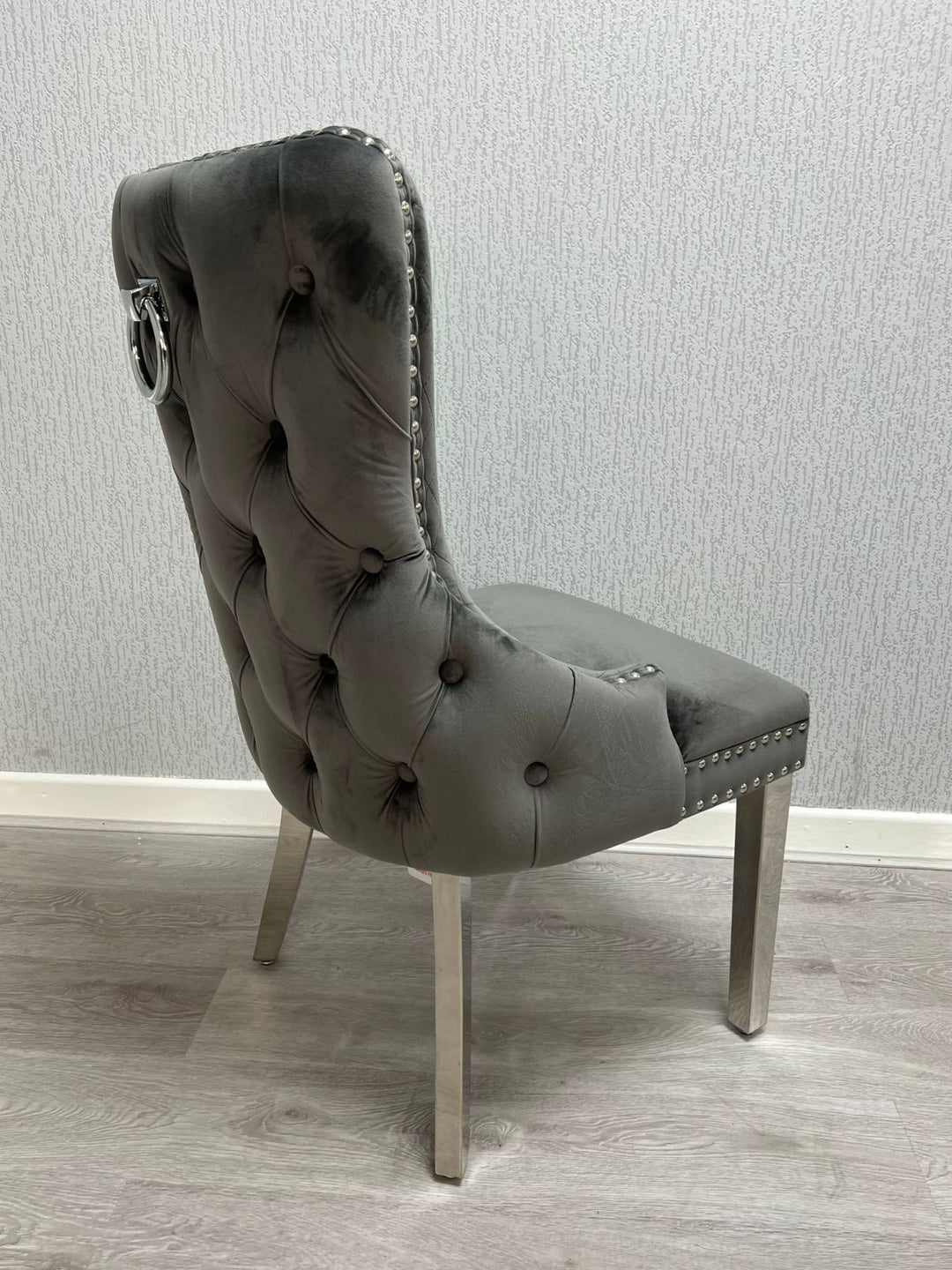 Victoria Dark Grey Ring Knocker Velvet Chair - Belmont Interiors