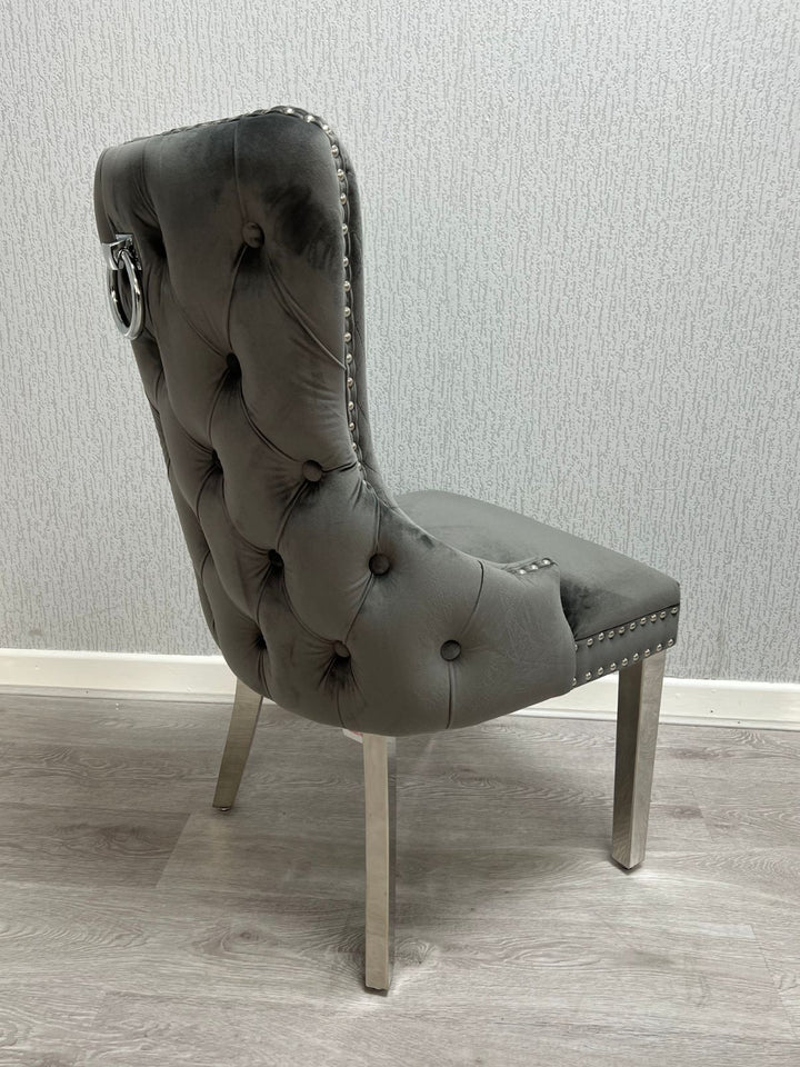 Victoria Dark Grey Ring Knocker Velvet Chair - Belmont Interiors