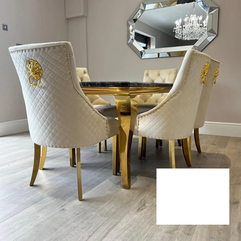 Louis Gold & Black Marble Dining Table With Cream & Gold Lion Knocker Dining Chairs-Dining Table & Chairs Set-Cuthwells-Belmont Interiors