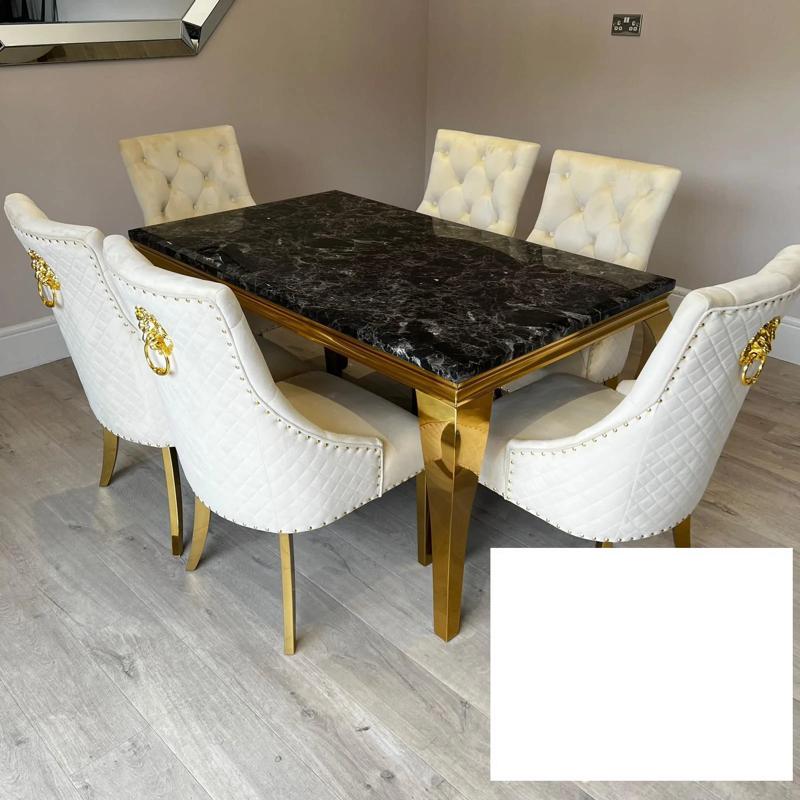 Louis Gold & Black Marble Dining Table With Cream & Gold Lion Knocker Dining Chairs-Dining Table & Chairs Set-Cuthwells-Belmont Interiors