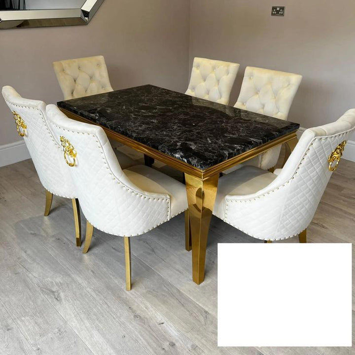Louis Gold & Black Marble Dining Table With Cream & Gold Lion Knocker Dining Chairs-Dining Table & Chairs Set-Cuthwells-Belmont Interiors