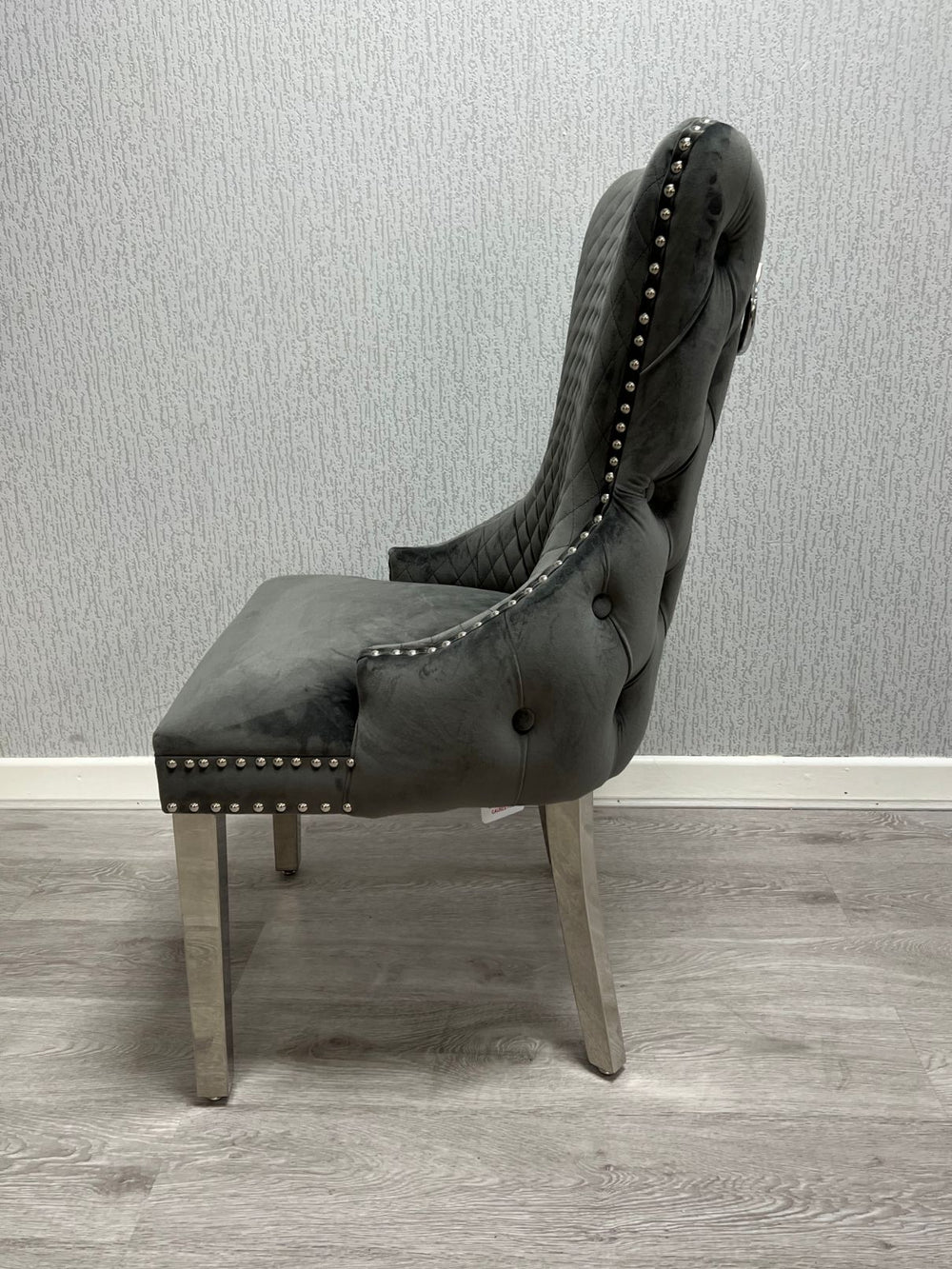 Victoria Dark Grey Ring Knocker Velvet Chair - Belmont Interiors
