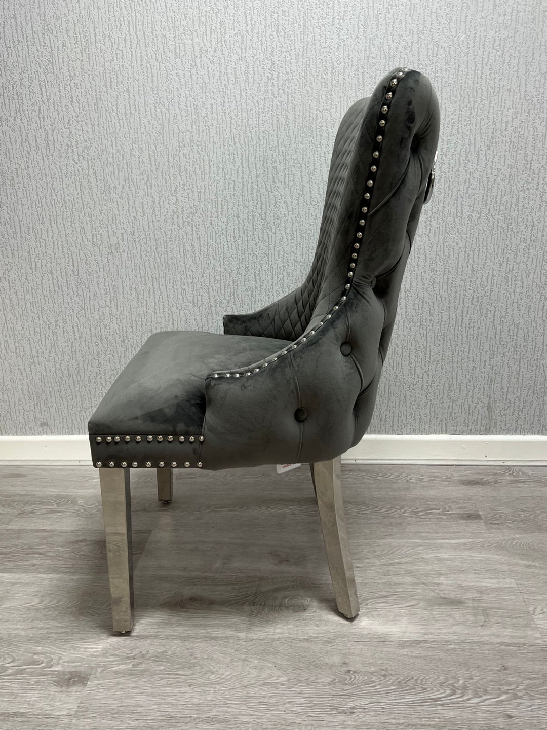 Victoria Dark Grey Ring Knocker Velvet Chair - Belmont Interiors