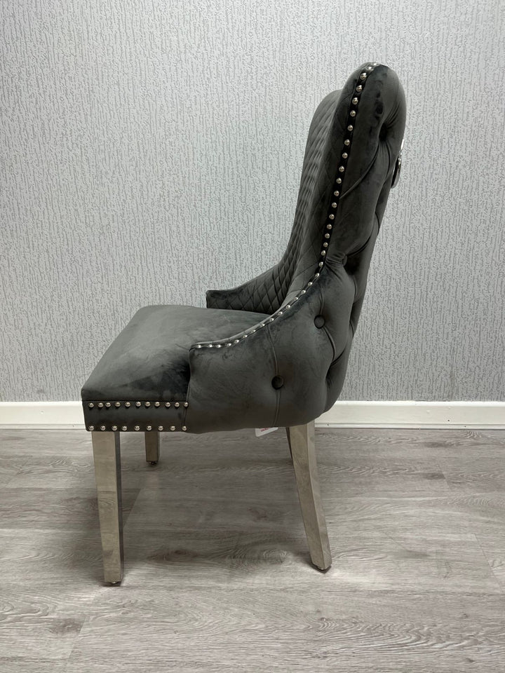 Victoria Dark Grey Ring Knocker Velvet Chair - Belmont Interiors