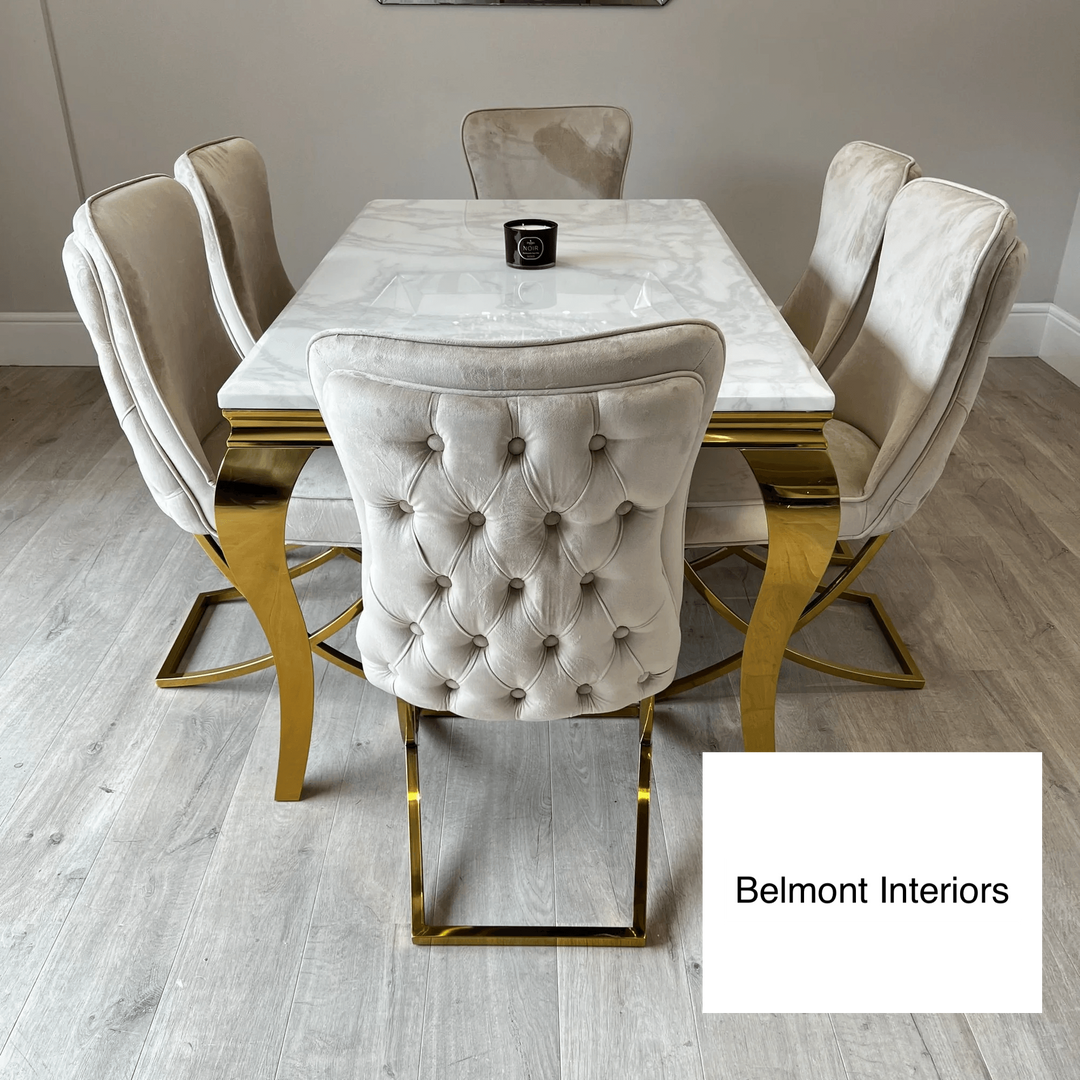 Louis Gold & White Marble Dining Table With Sandy Button Gold Dining Chairs-Dining Table & Chairs Set-Cuthwells-Belmont Interiors