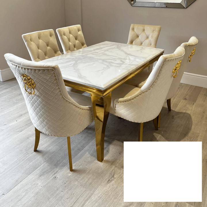 Louis Gold & White Marble Dining Table With Cream & Gold Lion Knocker Dining Chairs-Dining Table & Chairs Set-Cuthwells-Belmont Interiors