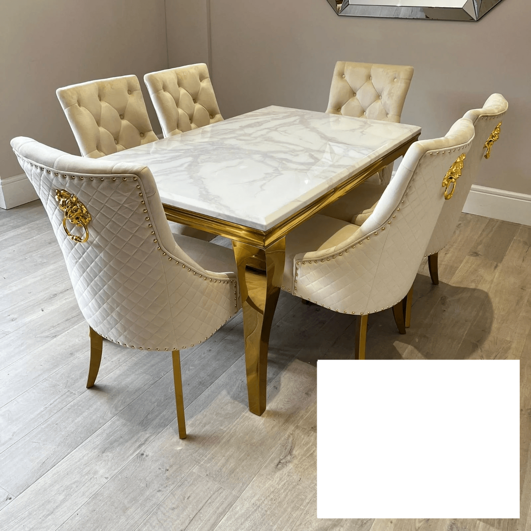 Louis Gold & White Marble Dining Table With Cream & Gold Lion Knocker Dining Chairs-Dining Table & Chairs Set-Cuthwells-Belmont Interiors