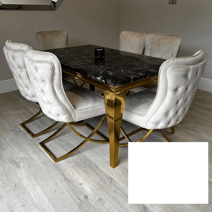 Louis Gold & Black Marble Dining Table With Sandy Button Gold Dining Chairs-Dining Table & Chairs Set-Cuthwells-Belmont Interiors
