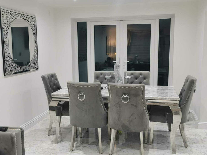 Louis 160cm White Marble Dining Table + Knightsbridge Dark Grey Knocker Plush Velvet Chairs - Belmont Interiors