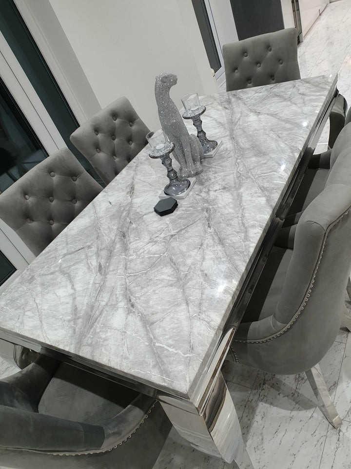 Louis 120cm Grey Marble Dining Table + Knightsbridge Dark Grey Knocker Plush Velvet Chairs - Belmont Interiors