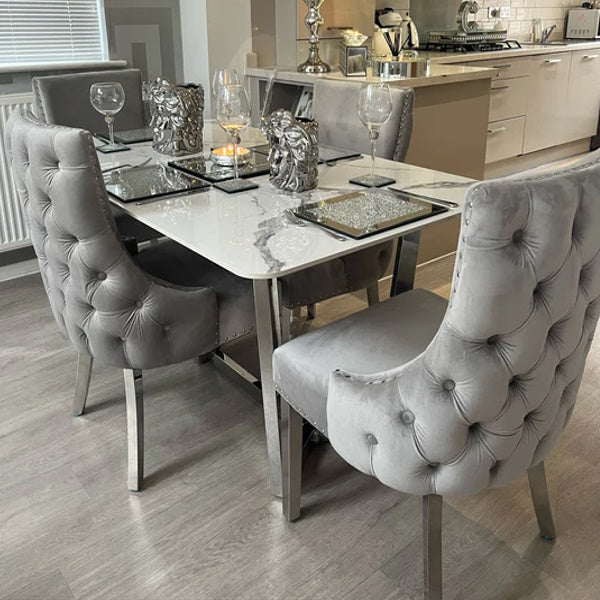 Lucien White 160cm Ceramic Marble Dining Table + Kensington Button Back Velvet Dining Chairs-Dining Table & Chairs Set-Cuthwells-Belmont Interiors