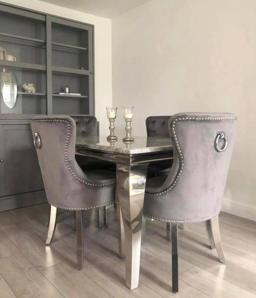 Louis 120cm Grey Marble Dining Table + 4 Grey Ring Knocker Chairs - Belmont Interiors