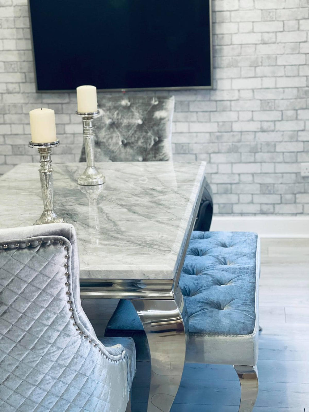 Louis 150cm Grey Marble Dining Table + 4 Silver Grey Lion Knocker Chairs + 110cm Bench - Belmont Interiors