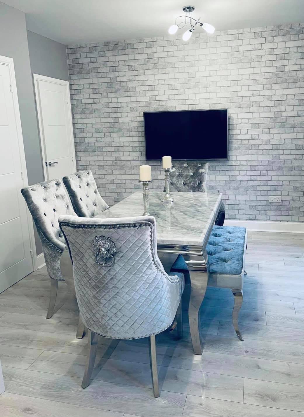 Louis 150cm Grey Marble Dining Table + 4 Silver Grey Lion Knocker Chairs + 110cm Bench - Belmont Interiors