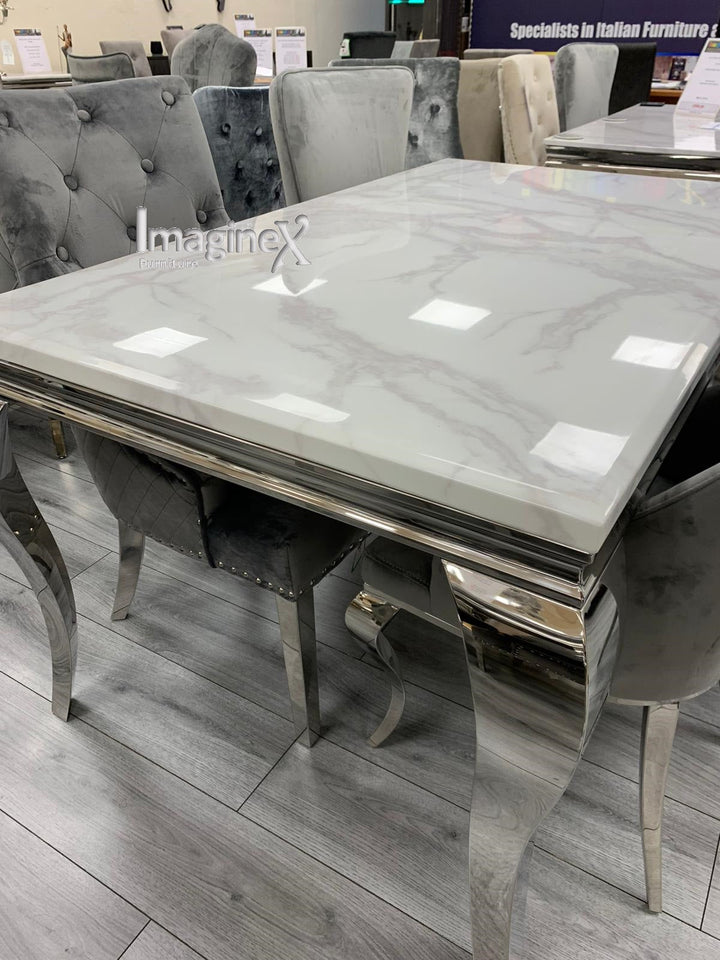 Louis 160cm White Marble Dining Table + Grey Lion Knocker Plush Velvet Chairs - Belmont Interiors