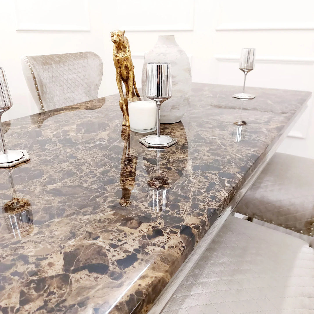 Arturo 180cm Marble Dining Table + Lion Knocker Quilted Dining Chairs - Belmont Interiors