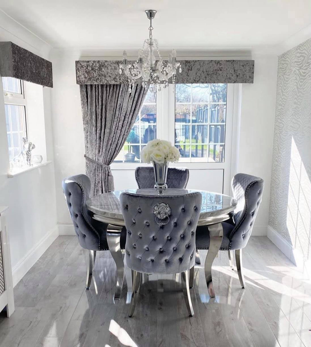 Louis 130cm Grey Marble Round Dining Table + Valente Grey Lion Button Chairs - Belmont Interiors
