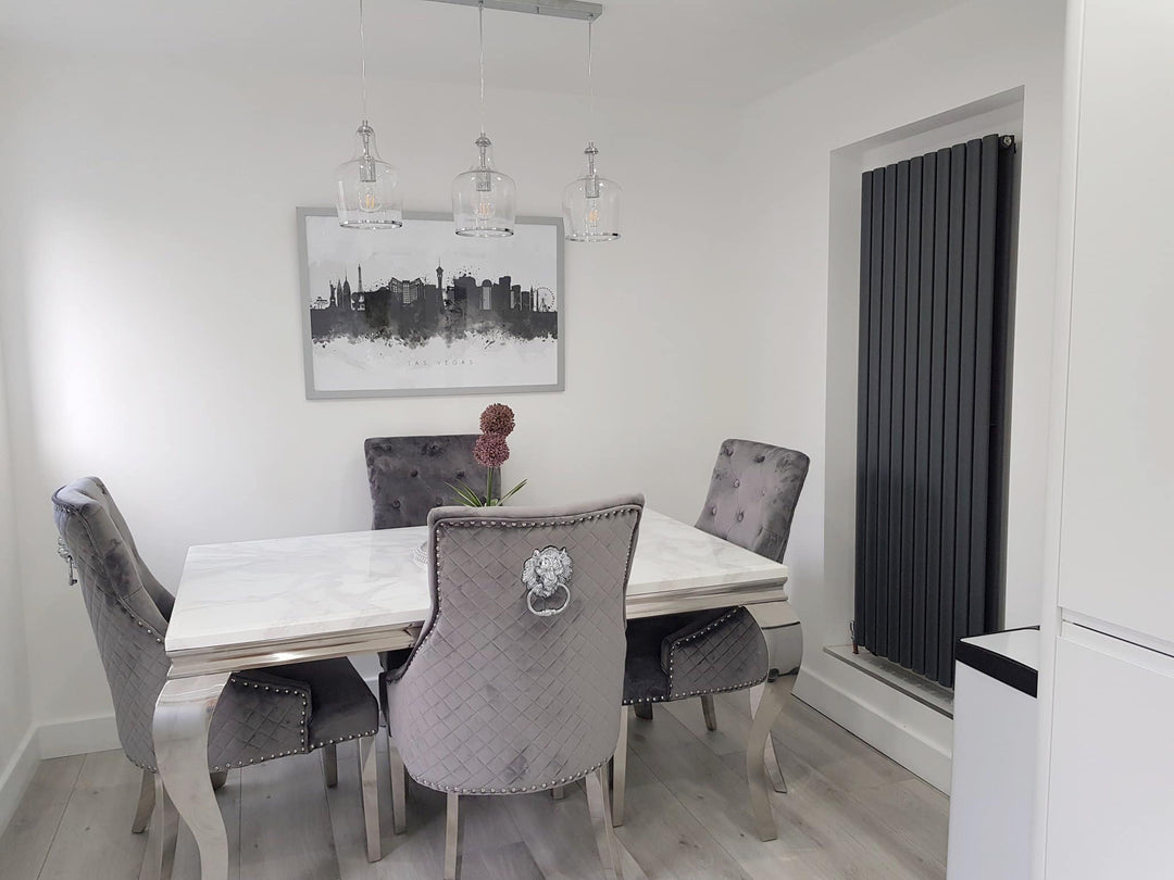 Louis 150cm White Marble Dining Table + Grey Lion Knocker Plush Velvet Chairs - Belmont Interiors