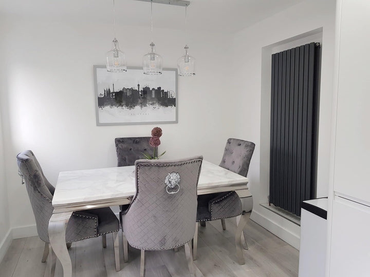 Louis 150cm White Marble Dining Table + Grey Lion Knocker Plush Velvet Chairs - Belmont Interiors