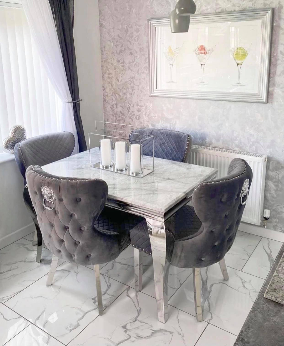 Louis 120cm Grey Marble Dining Table + Valente Dark Grey Lion Knocker Velvet Chairs - Belmont Interiors
