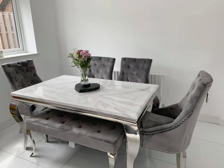 Louis 180cm White Marble Dining Table + 4 Grey Ring Knocker Chairs + 130cm Bench - Belmont Interiors