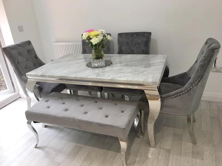 Louis 160cm Grey Marble Dining Table + 4 Grey Ring Knocker Chairs + 130cm Bench - Belmont Interiors