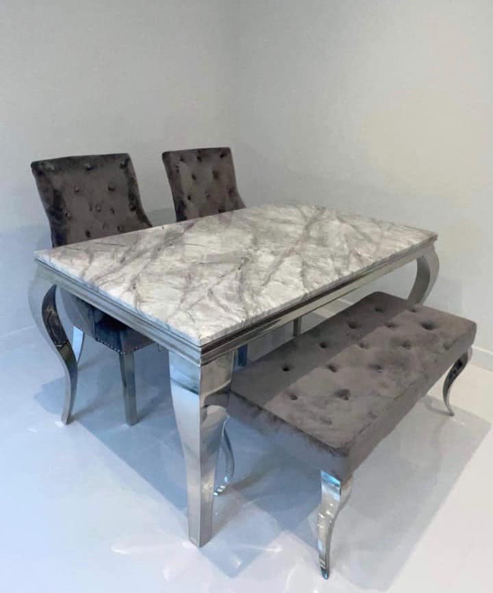 Louis 150cm Grey Marble Dining Table + 2 Grey Ring Knocker Chairs + 110cm Bench - Belmont Interiors