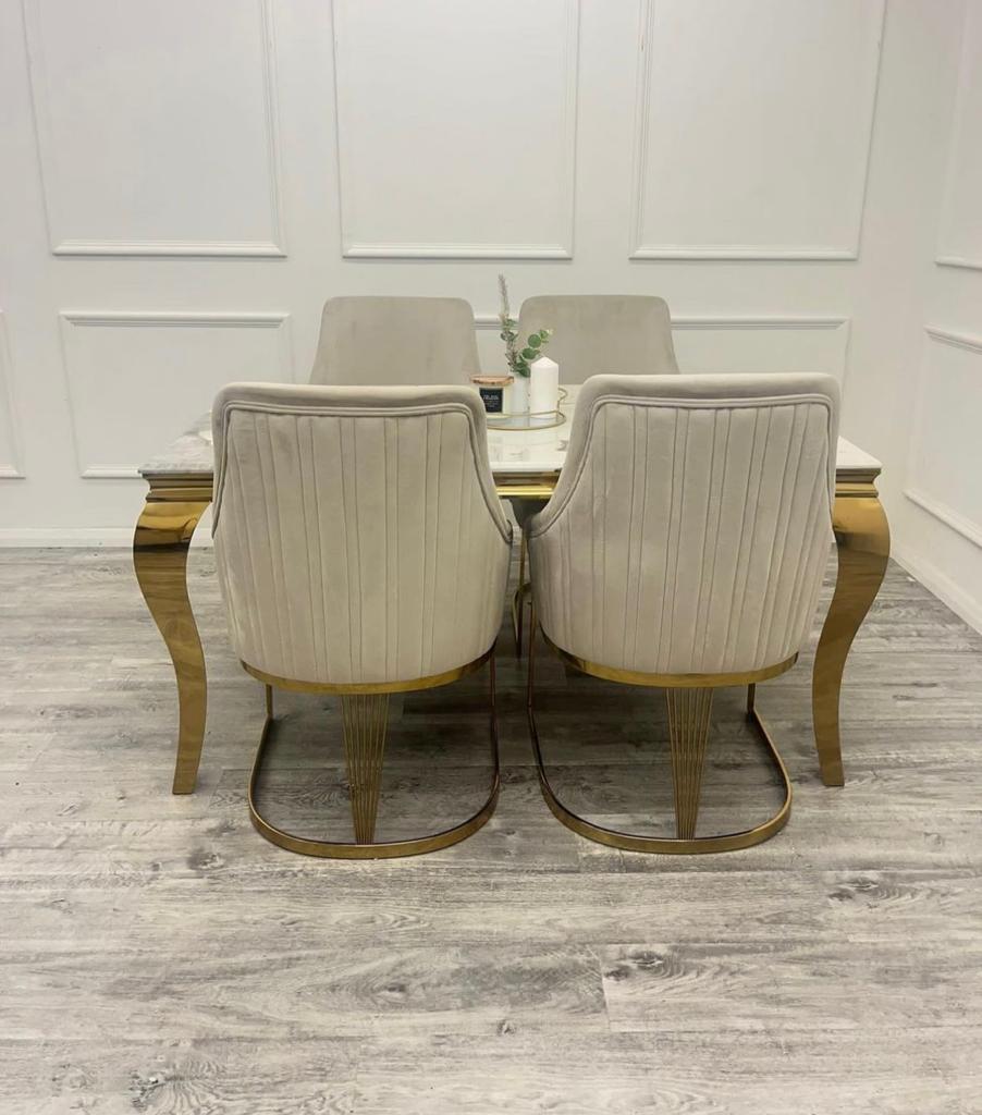 Louis Gold Marble Dining Table With Carlton Cream/Gold Velvet Dining Chairs-Dining Table & Chairs Set-Cuthwells-Belmont Interiors