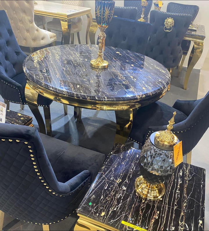 Louis Gold Round Black Marble 110cm Dining Table + Black Gold Ring Knocker Velvet Dining Chairs - Belmont Interiors