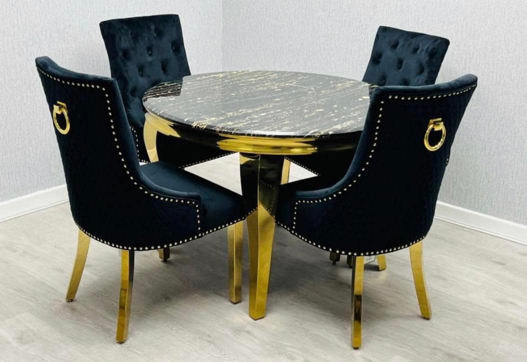 Louis Gold Round Black Marble 110cm Dining Table + Black Gold Ring Knocker Velvet Dining Chairs - Belmont Interiors