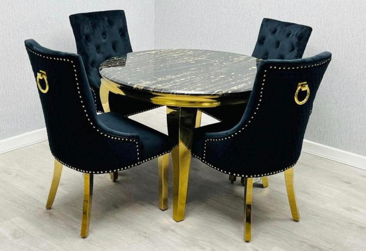 Louis Gold Round Black Marble 110cm Dining Table + Black Gold Ring Knocker Velvet Dining Chairs - Belmont Interiors