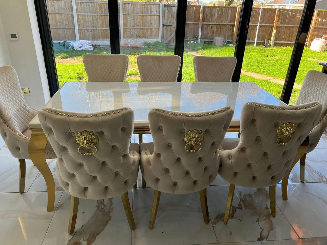 Louis Gold & White Marble Dining Table With Cream & Gold Lion Knocker Button Back Dining Chairs - Belmont Interiors