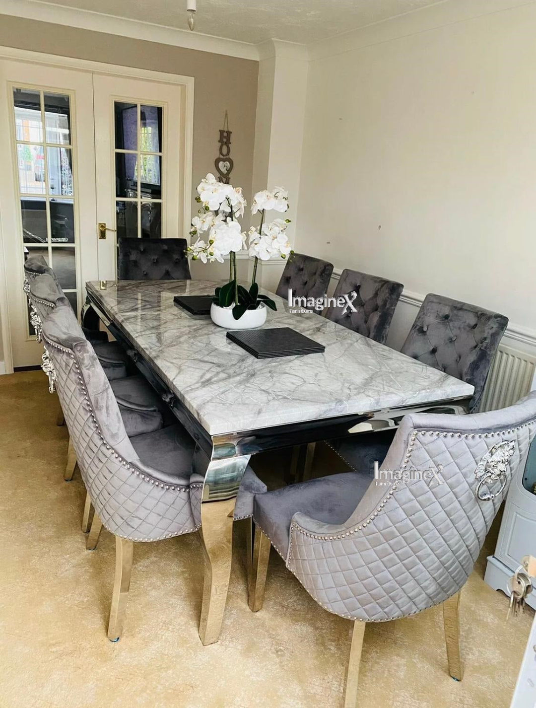 Louis 160cm Grey Marble Dining Table + Light Grey Lion Knocker Plush Velvet Chairs - Belmont Interiors