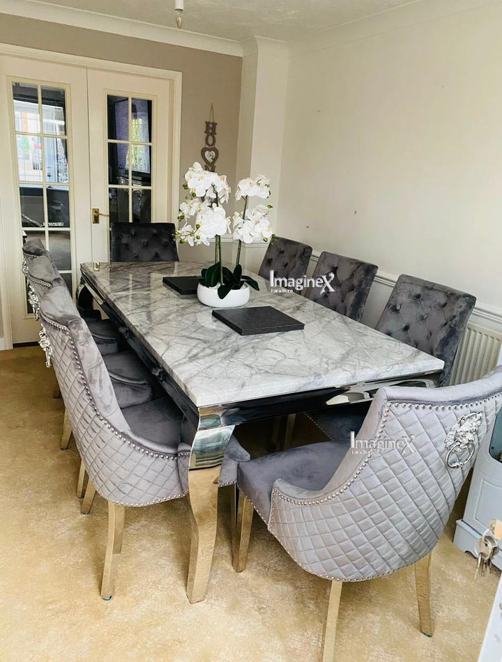 Louis 160cm Grey Marble Dining Table + Light Grey Lion Knocker Plush Velvet Chairs - Belmont Interiors