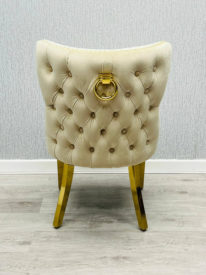 Victoria Gold Ring Cream Plush Velvet Dining Chair Gold Legs - Belmont Interiors
