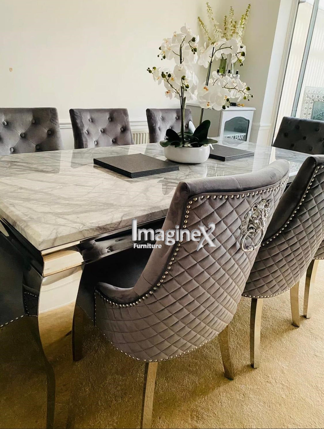Louis 160cm Grey Marble Dining Table + Light Grey Lion Knocker Plush Velvet Chairs - Belmont Interiors