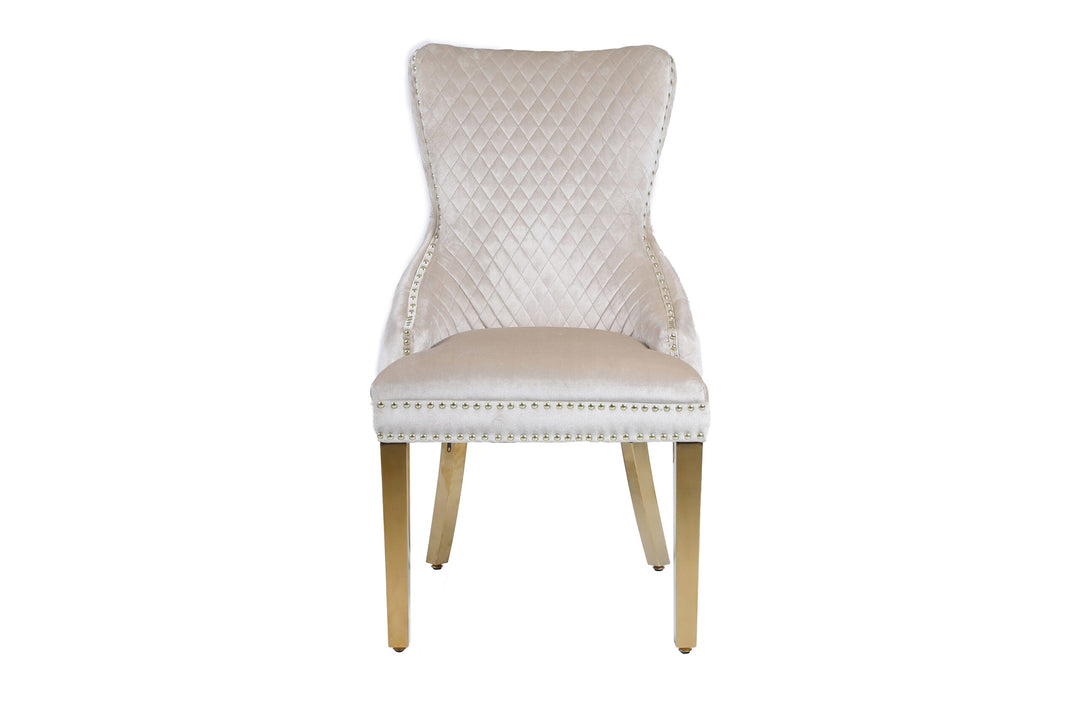 Lucien 150cm Gold Oval Dining Table with Pandora Gold Ceramic Top + Cream/Gold Ring Knocker Velvet Chairs - Belmont Interiors