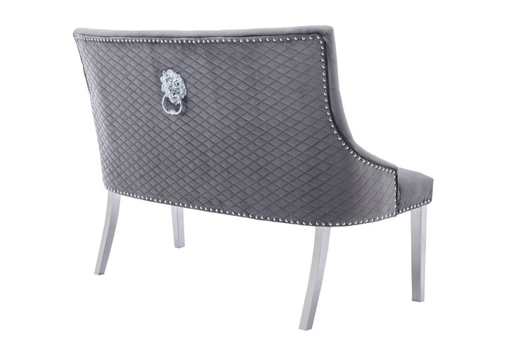 Majestic Lion Knocker Quilted High Back Grey Plush Velvet 130cm Dining Bench - Belmont Interiors