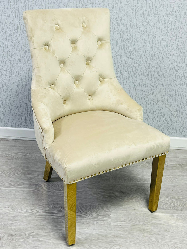 Majestic Cream Gold Ring Knocker Quilted Tufted Plush Velvet Dining Chair Gold Legs - Belmont Interiors