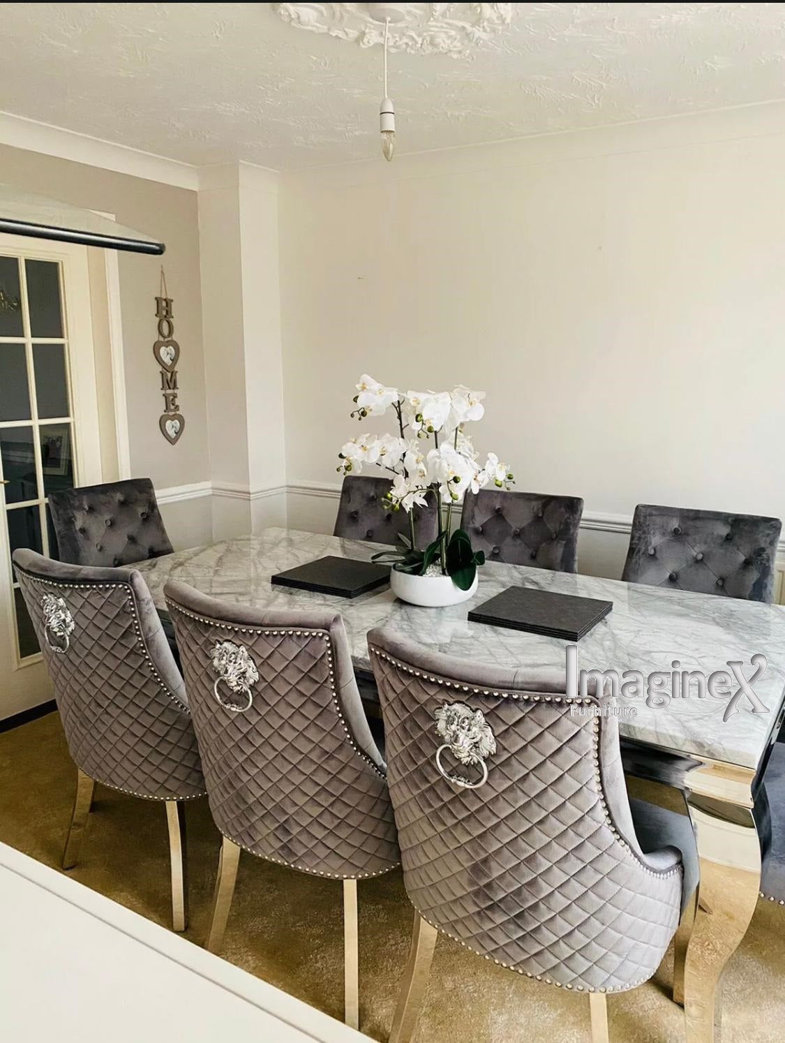 Louis 180cm Grey Marble Dining Table Dark Grey Lion Knocker Plush Velvet Chairs