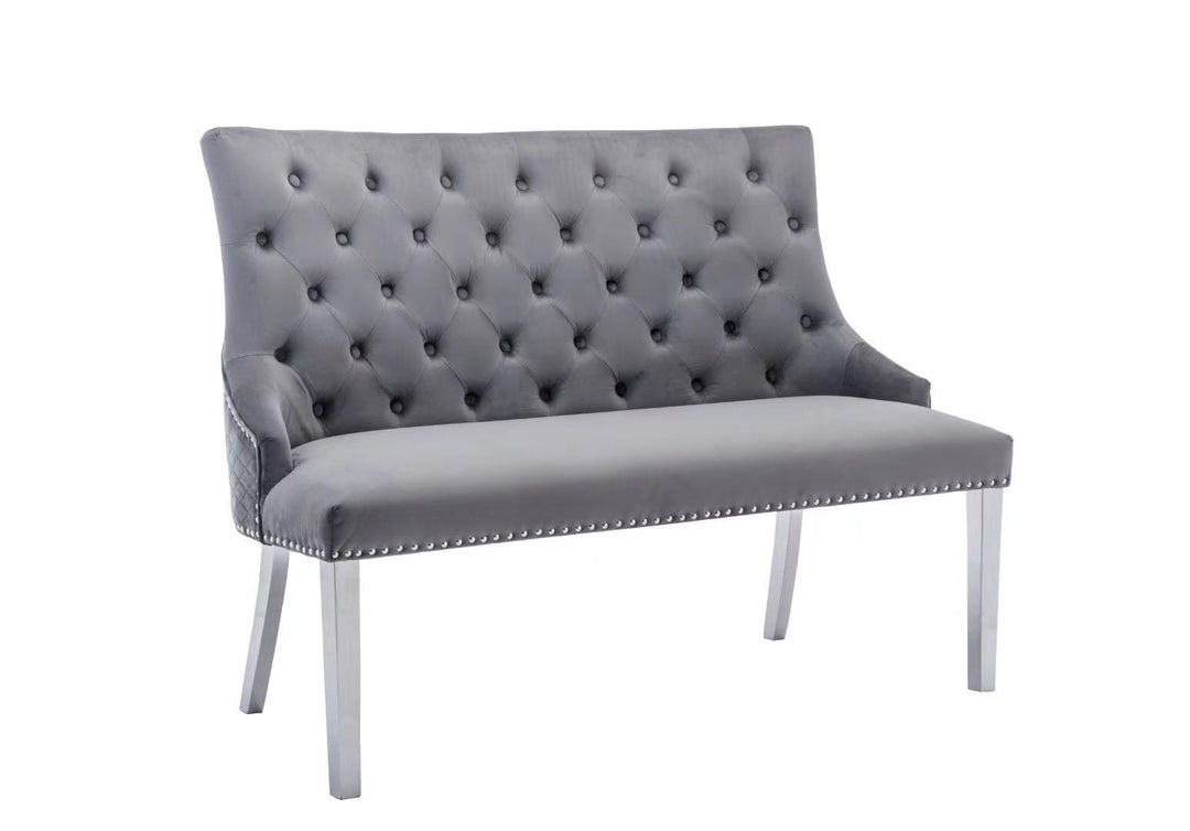 Majestic Lion Knocker Quilted High Back Grey Plush Velvet 130cm Dining Bench - Belmont Interiors