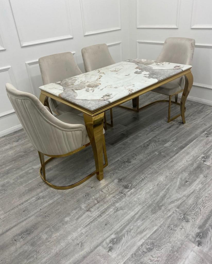 Louis Gold Marble Dining Table With Carlton Cream/Gold Velvet Dining Chairs-Dining Table & Chairs Set-Cuthwells-Belmont Interiors