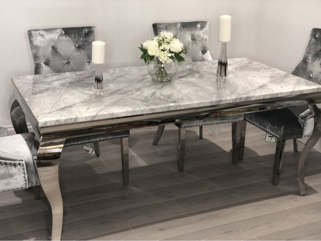 Louis Grey Marble 160CM Dining Table + Grey Lion Chairs, 140cm Bench Option - Belmont Interiors