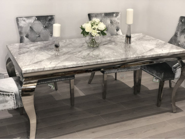 Louis Grey Marble 160CM Dining Table + Grey Lion Chairs, 140cm Bench Option - Belmont Interiors