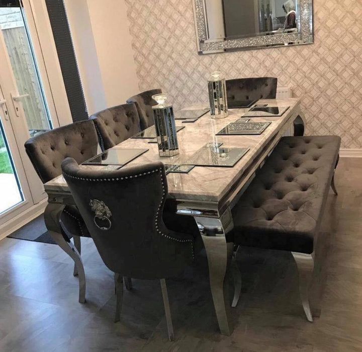 Louis 150cm White Marble Dining Table + 4 Grey Lion Knocker Chairs + 110cm Bench - Belmont Interiors