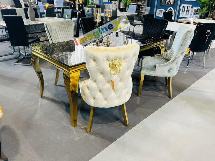 Valencia Cream Mink Quilted Plush Velvet Gold Leg Lion Knockerback Dining Chair - Belmont Interiors